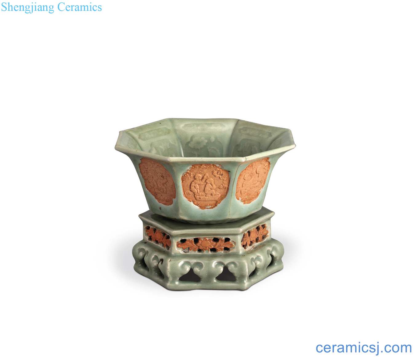 The yuan dynasty Longquan celadon dew tire stamps YingXiWen bowl and base