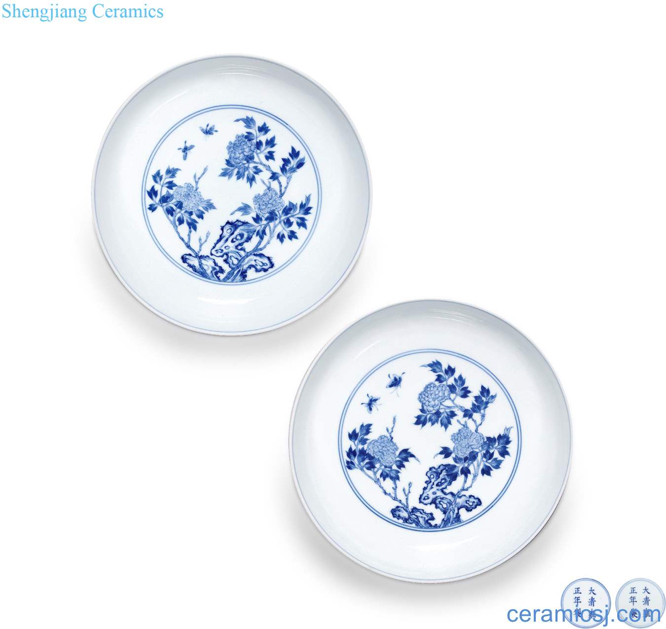 Qing yongzheng Blue and white life of rock flowers butterfly figure plate (a)