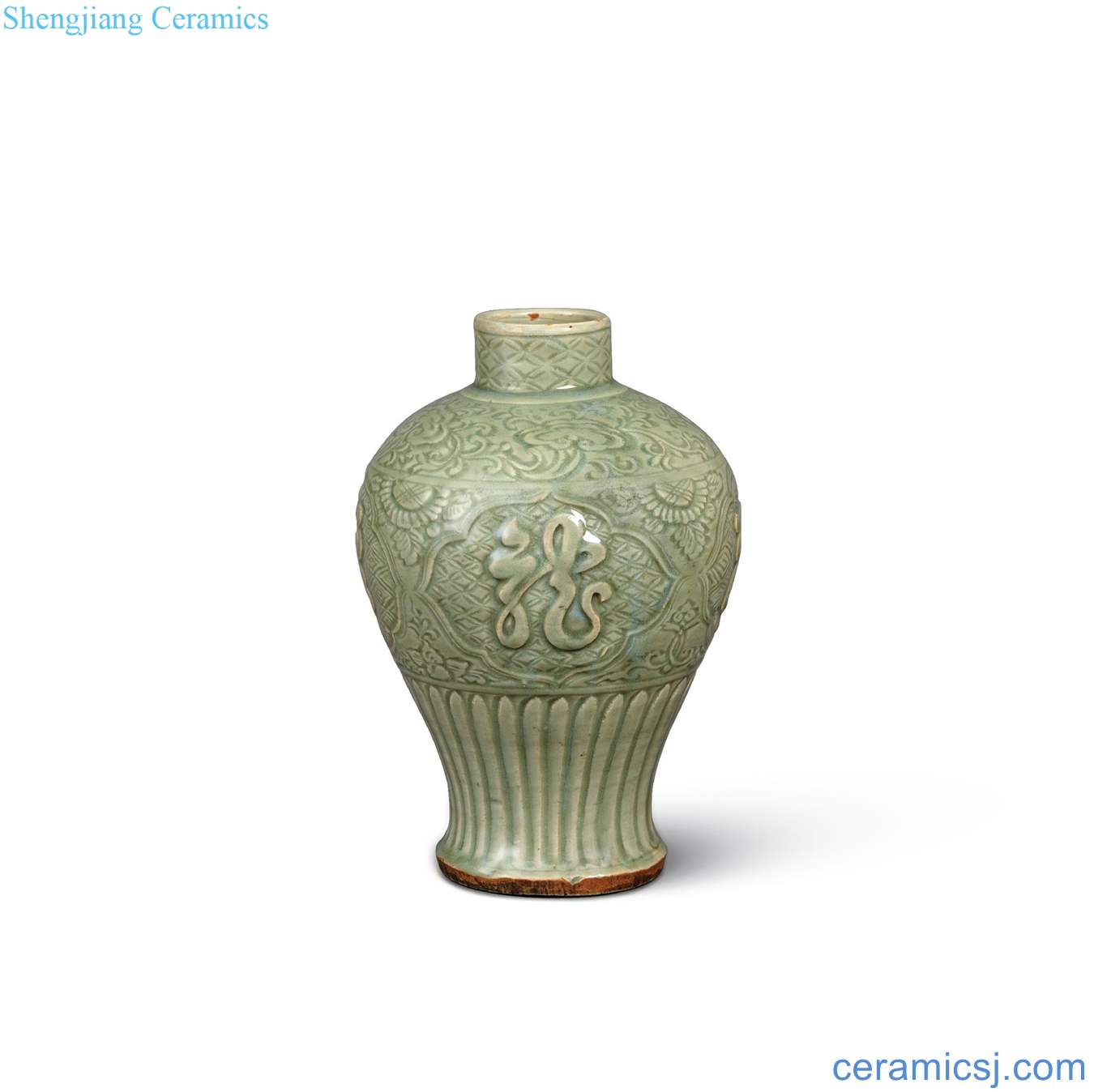 yuan Longquan celadon carved around branches of ganoderma lucidum "borneol chicken paste" mei bottle