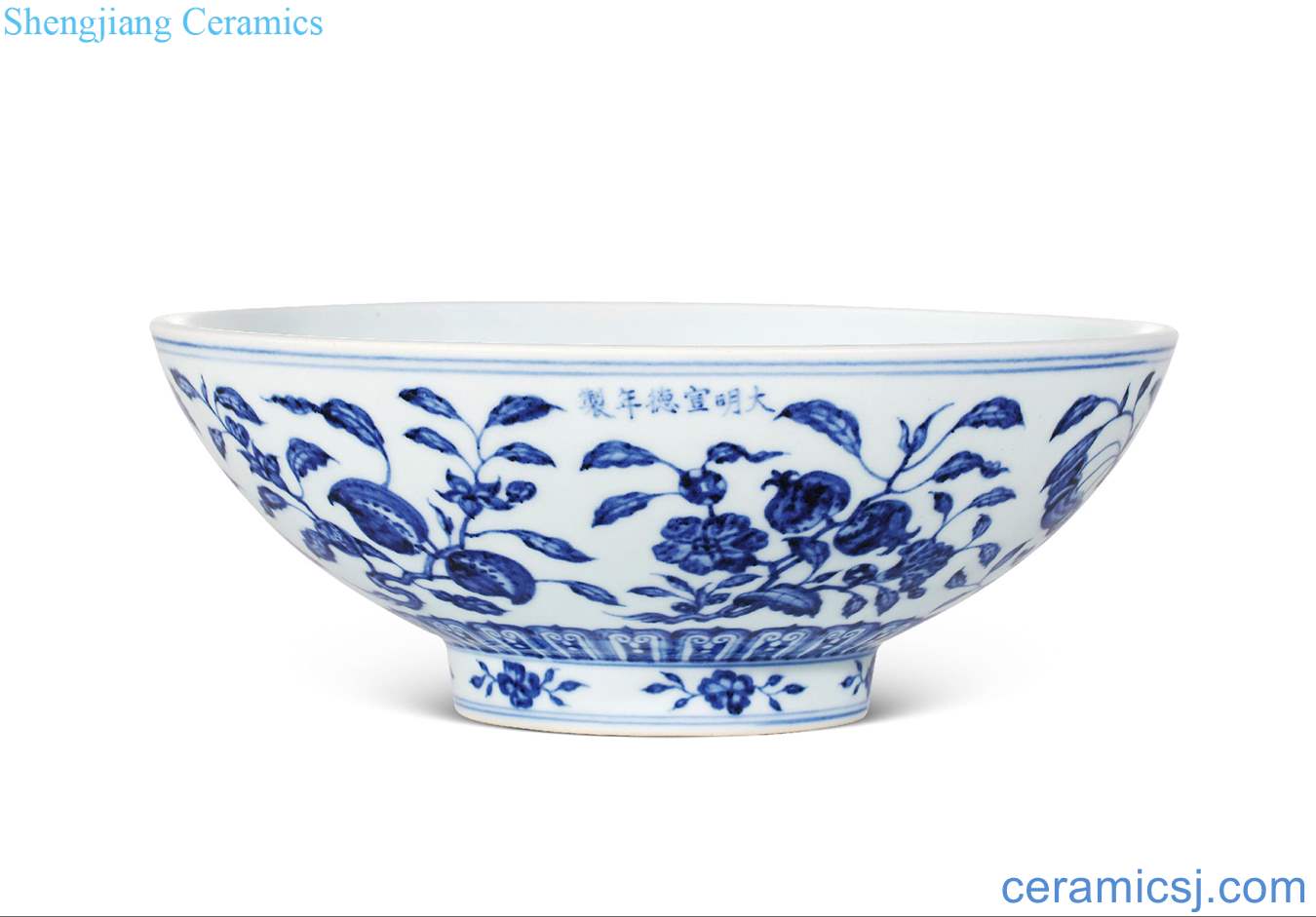 Ming xuande Blue and white ruffled branch flowers and grain big bowl