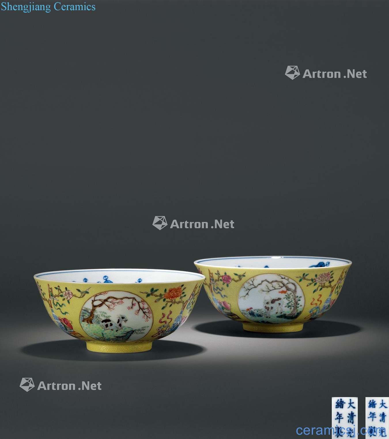 Qing guangxu Yellow ground pastel rolling way three Yang kaitai green-splashed bowls (a)