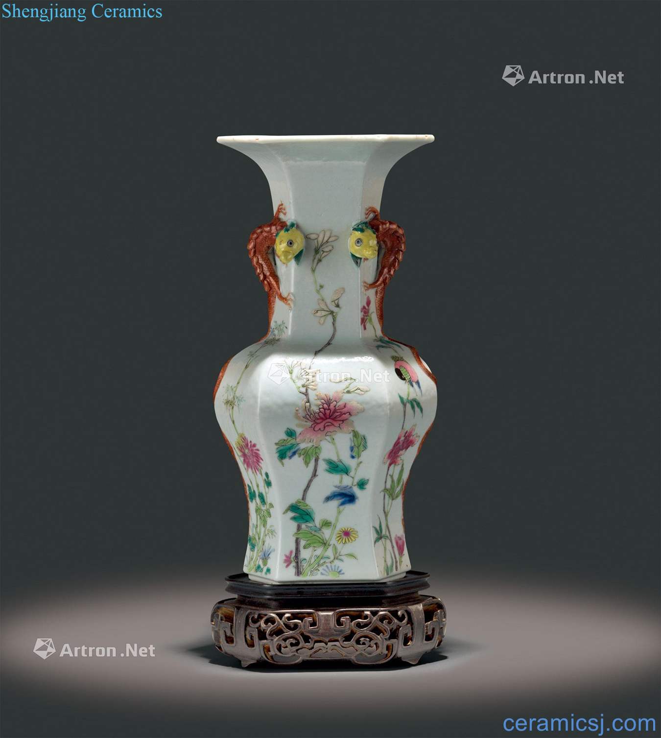 Mid qing pastel flowers tattooed dragon ear vase