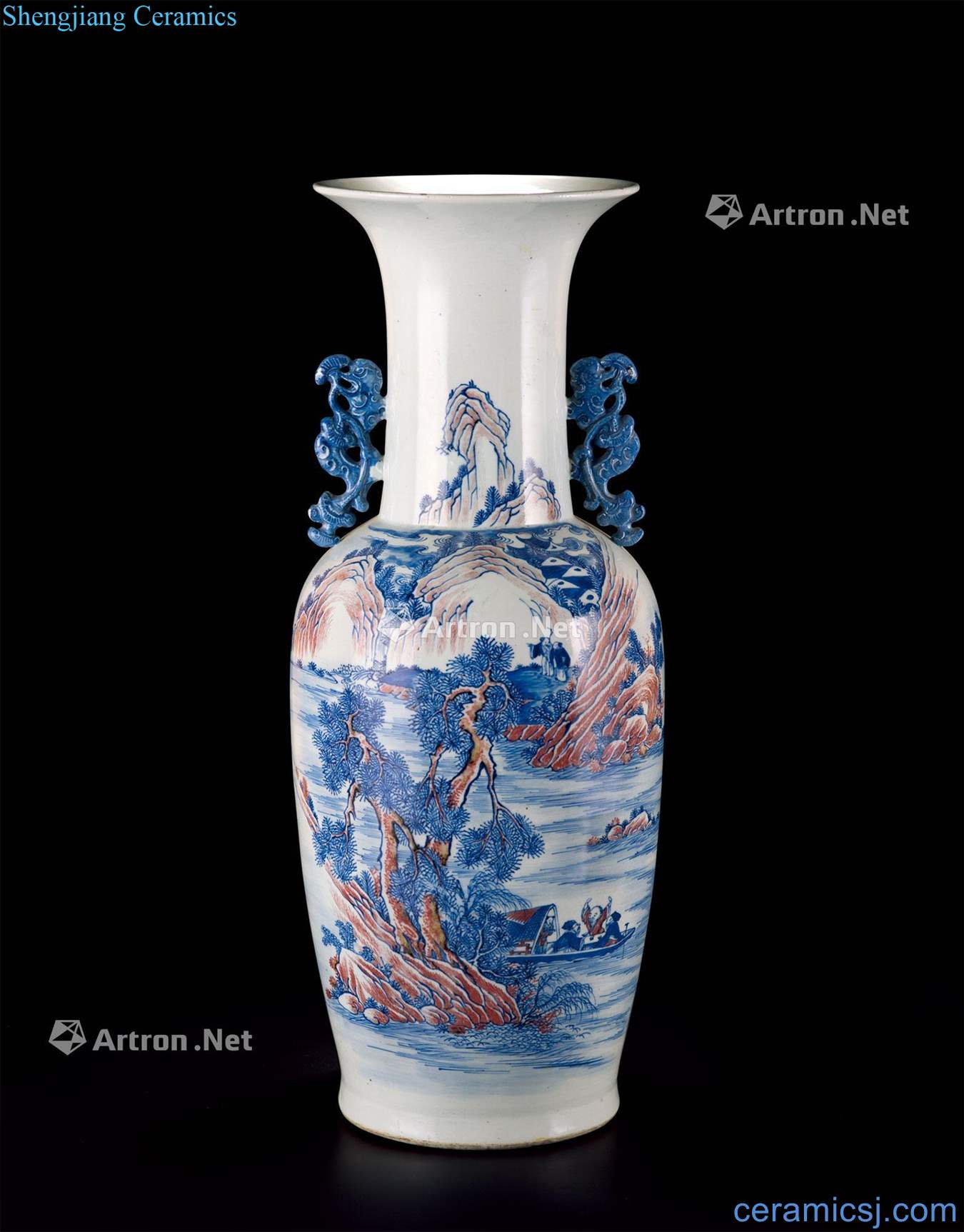 Qing qianlong Blue and white youligong landscape character lines double ears