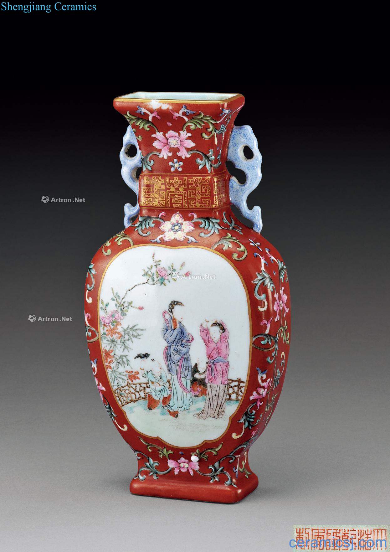 Black coral red glaze colour wall bottle famille rose flower medallion characters
