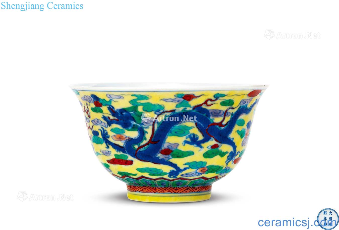 The qing emperor kangxi Yellow to blue and white color bucket ssangyong bead green-splashed bowls