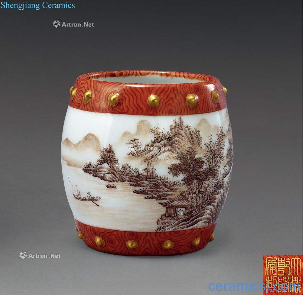 Qing qianlong wood-like glaze pastel landscape with a harp and relatives drum cans