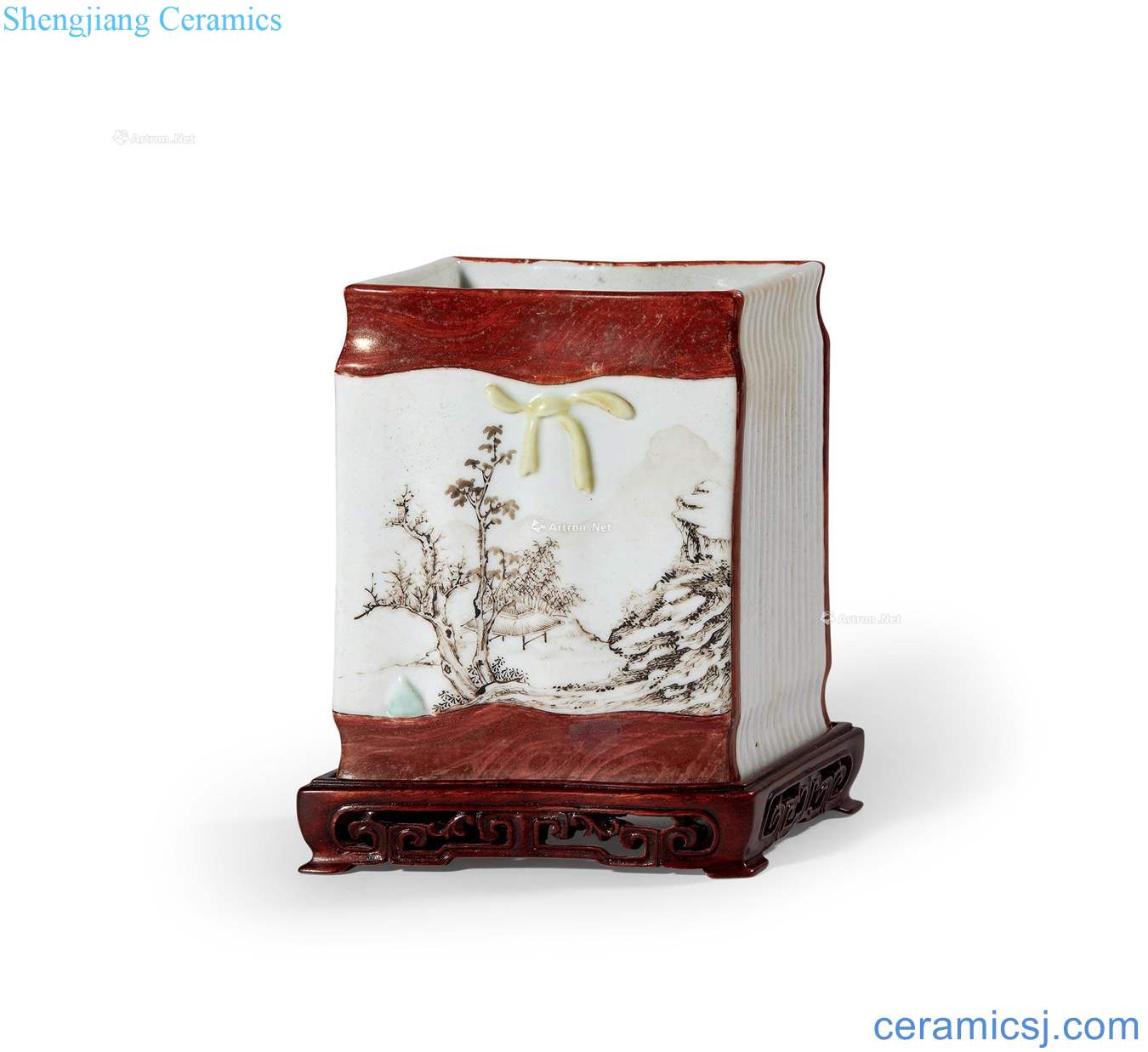 Qing yongzheng wood grain coats and enamel glaze ink roll diamond pen container
