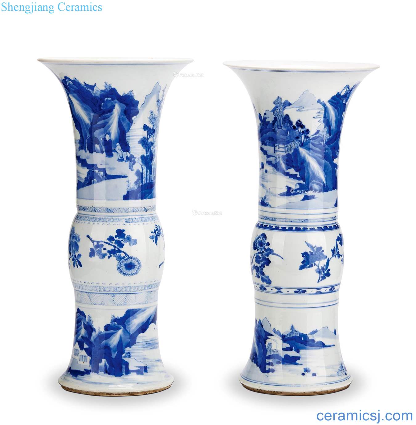 The qing emperor kangxi Blue and white landscape flower vase with (a)