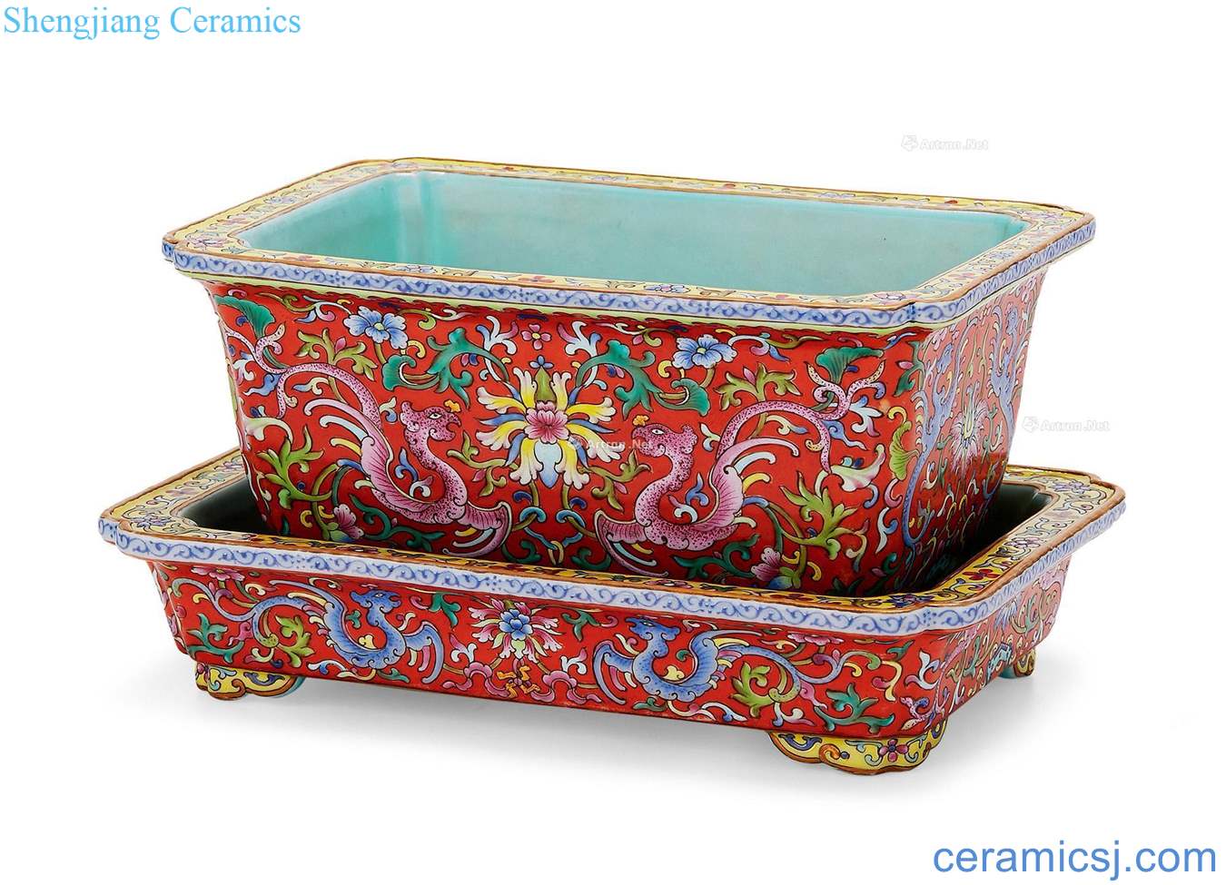 Qing qianlong coral red enamel chicken wear floral print flower pot (a)