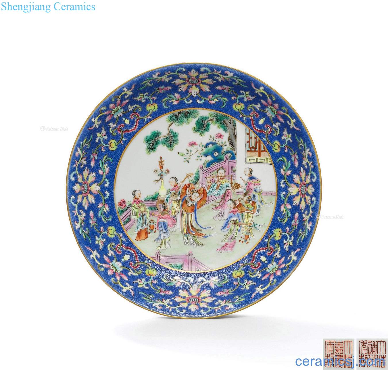 Qing jiaqing to rolling way pastel blue medallion ladies dancing figure