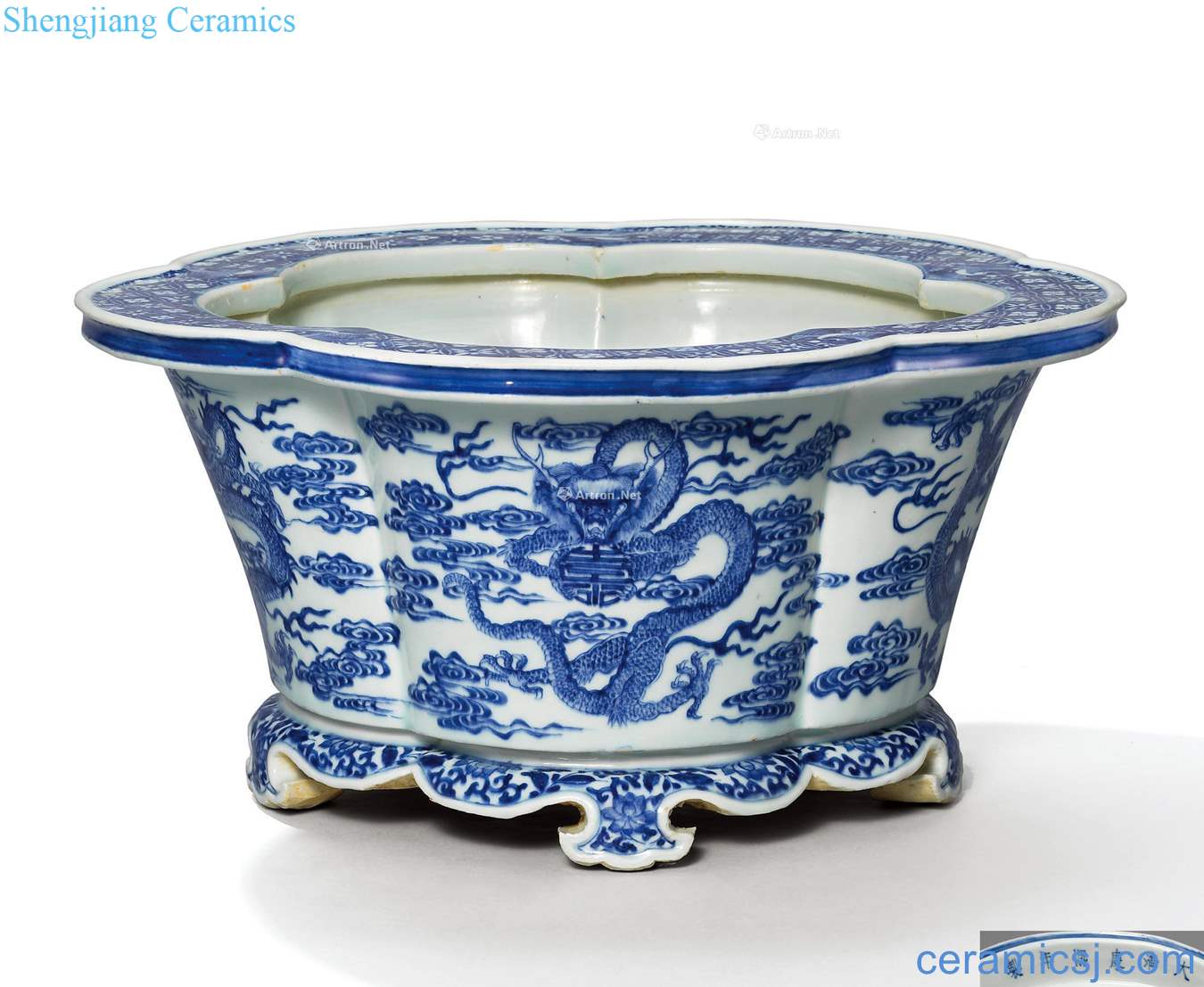 The qing emperor kangxi Blue and white five Long Gong shou wen quincunx flowerpot