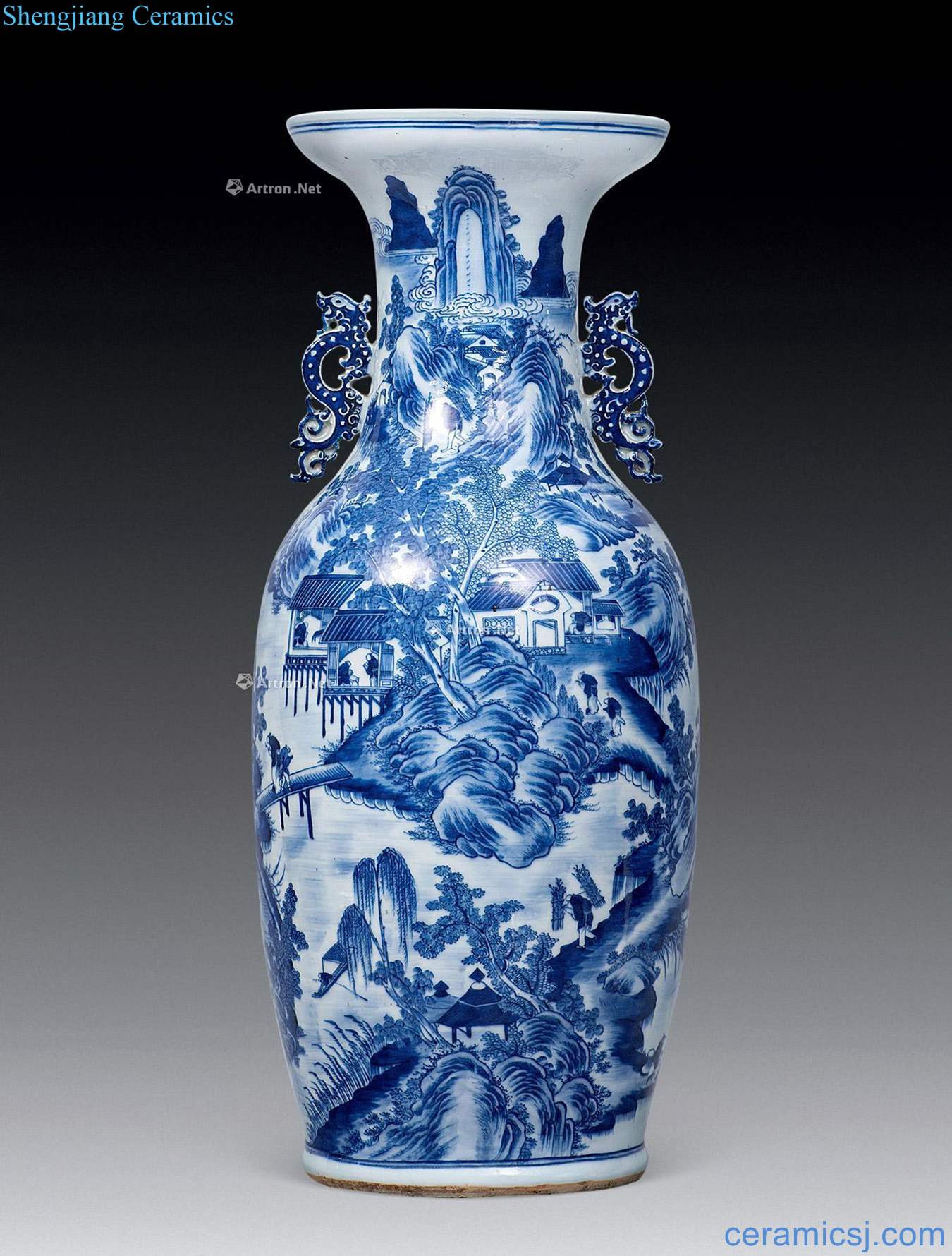 qing Blue and white landscape character double ears the reign of qianlong