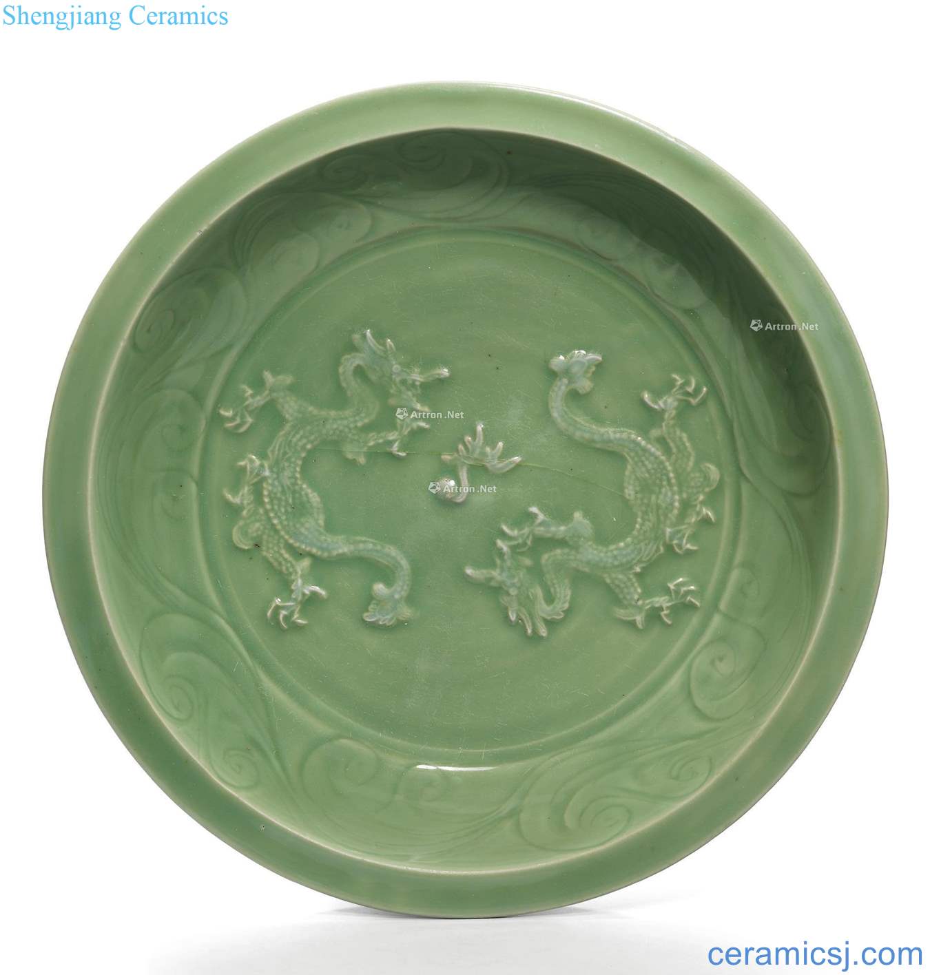yuan Longquan green glaze decal dragon playing pearl grain fold along the grail