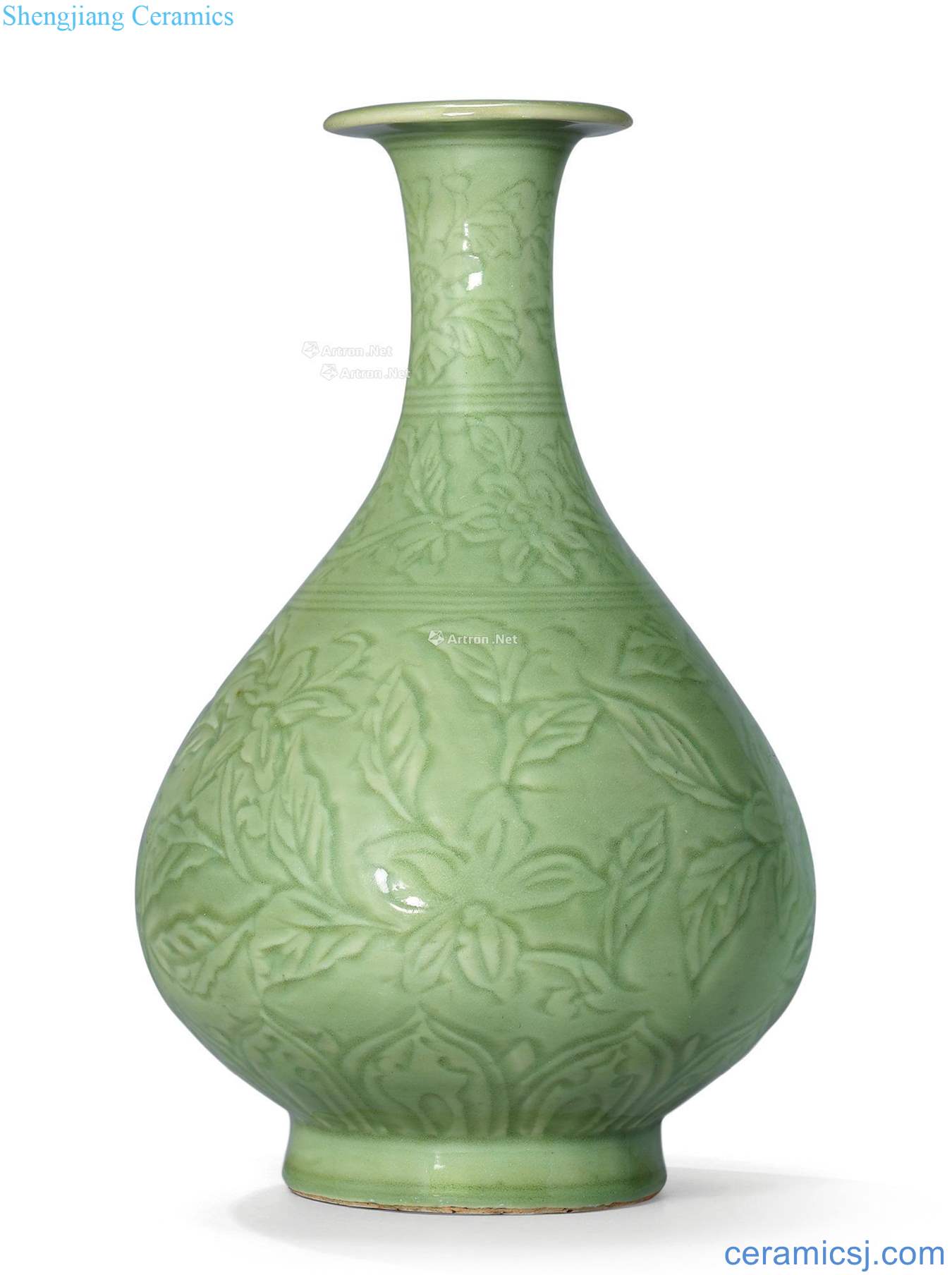 Ming hongwu Longquan green glaze scratching Zhi ZiWen okho spring bottle