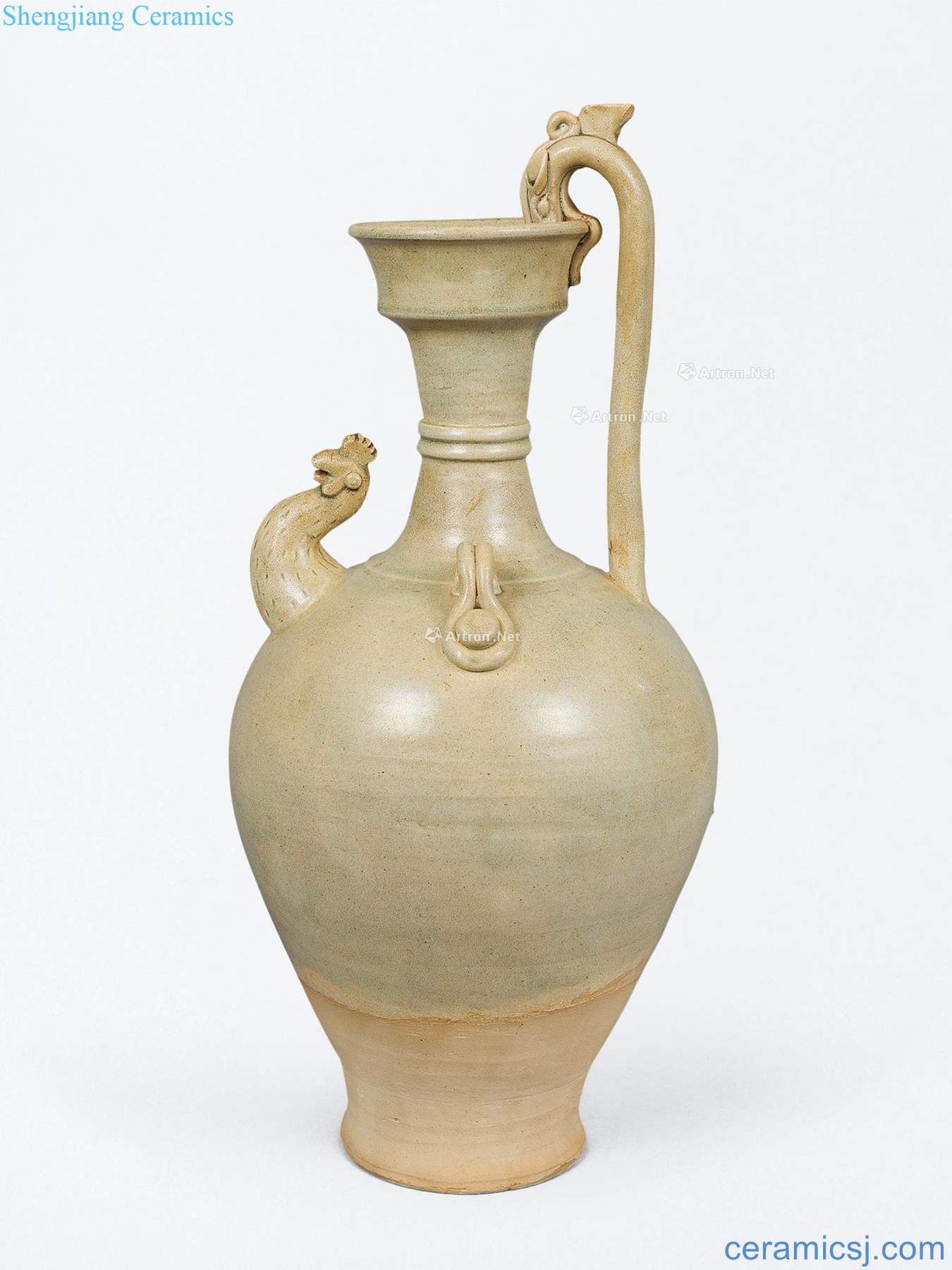 Sui dynasty Green glaze dragon tail handle pot