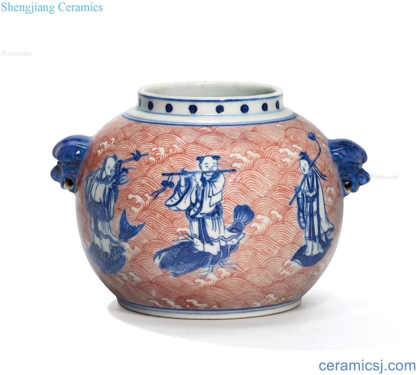 Qing qianlong/blue and white youligong fairy jiaqing sea lions first ear warm pot