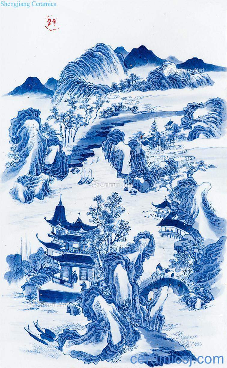 qing Blue and white porcelain plate landscape characters