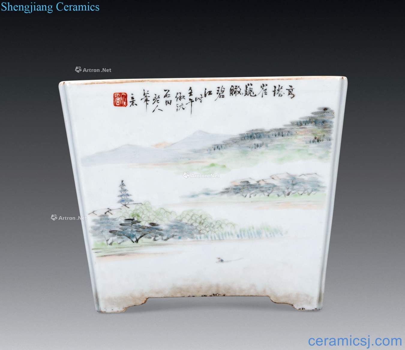 Clear shallow color landscape painting of flowers and poems sifang orchid pot
