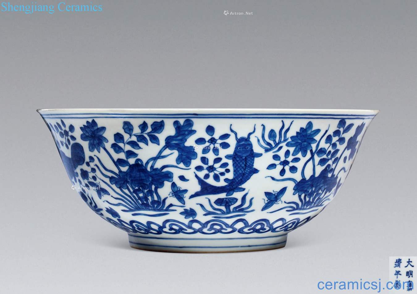 Ming jiajing Blue and white fish and algae grain big bowl