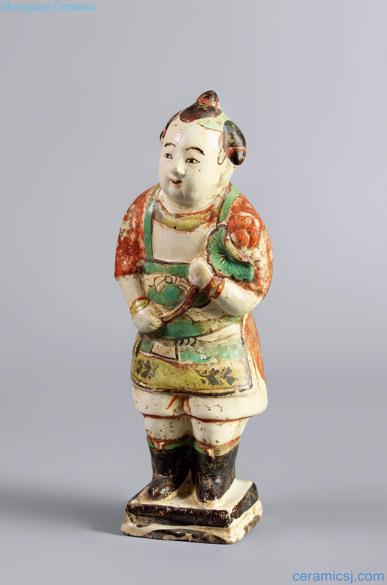 Northern song dynasty (960-1127) and gold (1115-1234) magnetic state kiln red and green color, the boy stands resemble