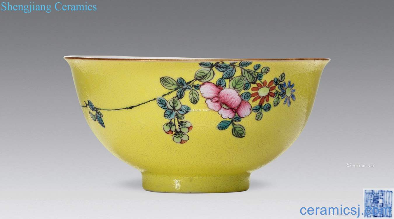 Yellow rolling way pastel flowers green-splashed bowls