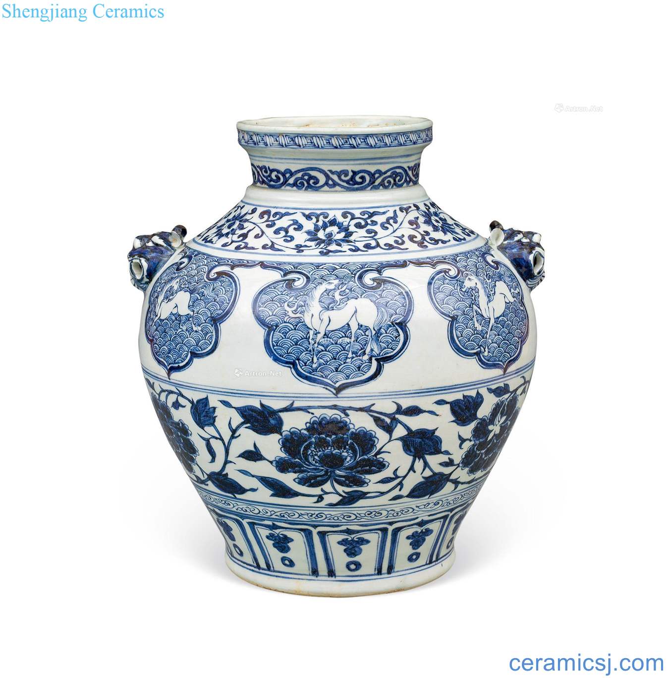 yuan Blue and white hippocampus grain peony big pot