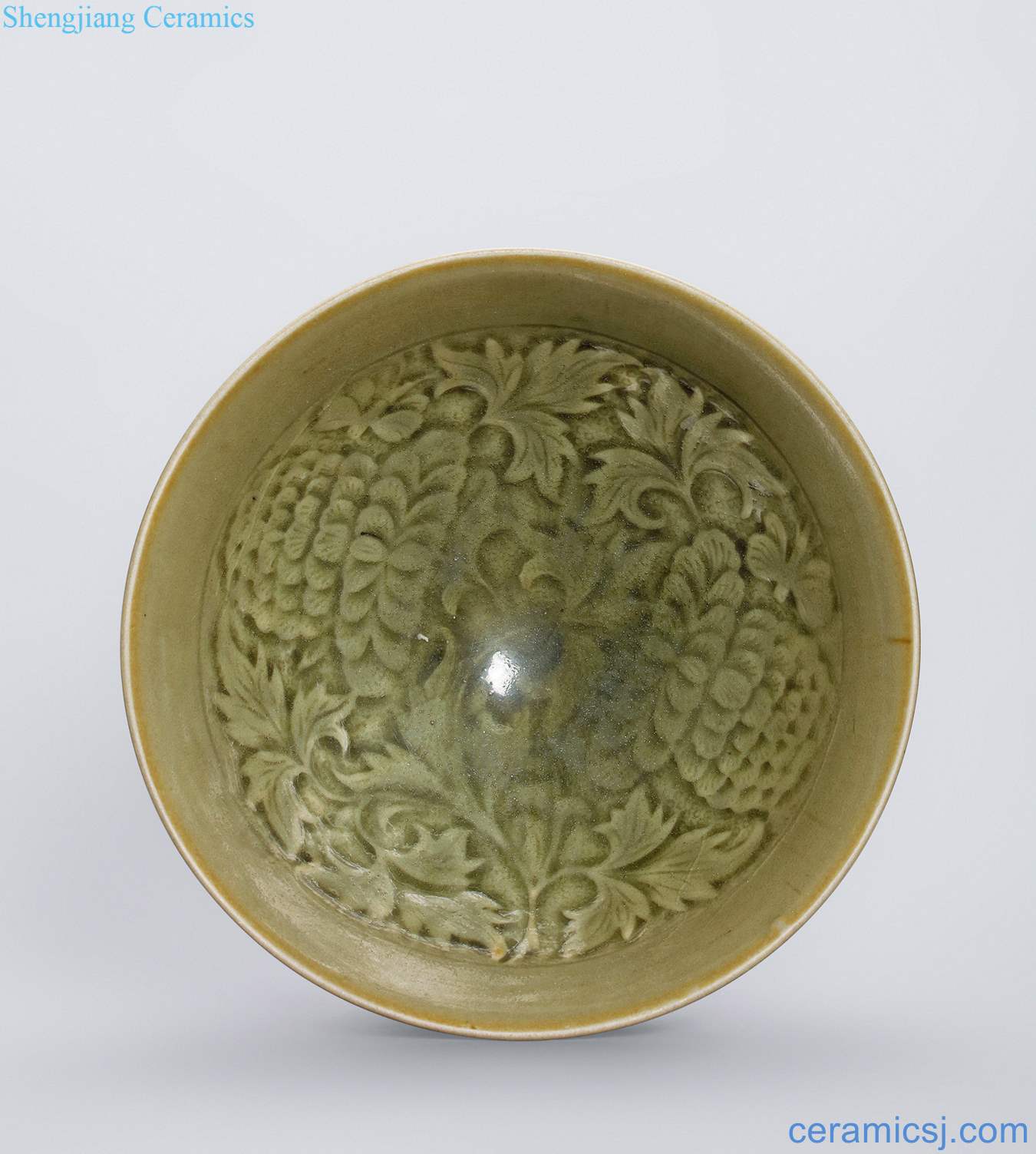 Northern song dynasty (960-1127), yao state kiln green glaze printing folding peony green-splashed bowls