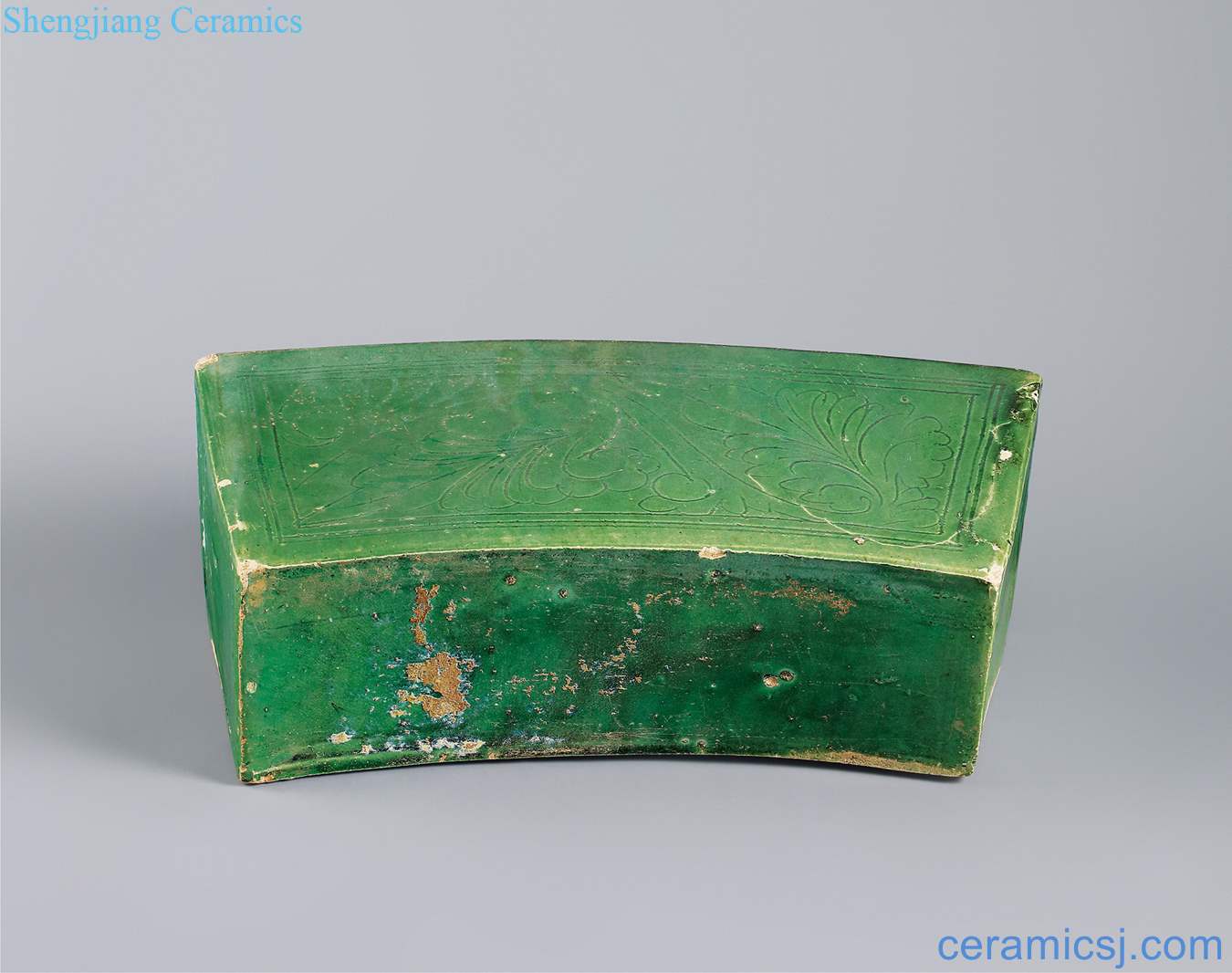 Gold (1115-1234), green glazed carved stamps fu lu wen fan pillow