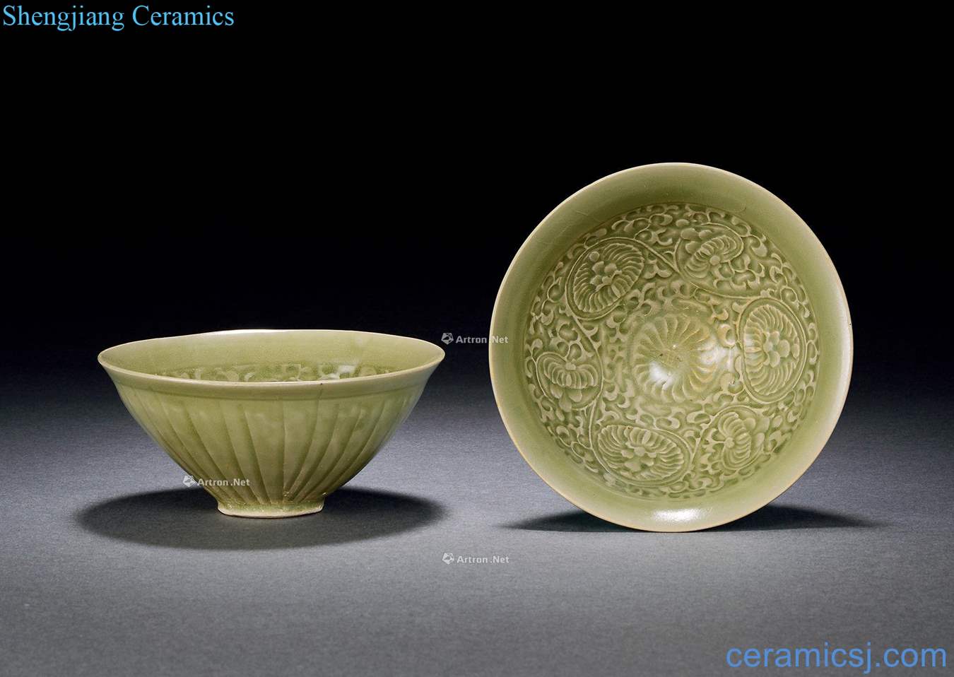 The song dynasty Yao state kiln carved flowers green-splashed bowls (a)