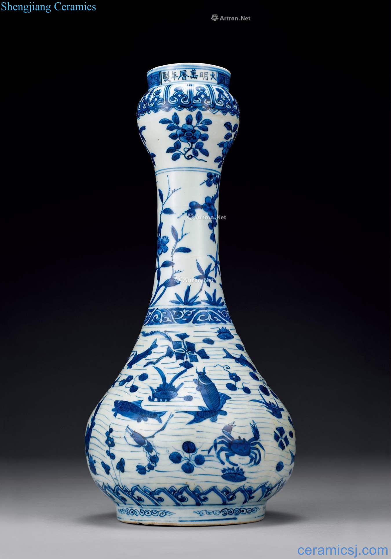 Ming wanli Blue and white fish grain garlic bottle
