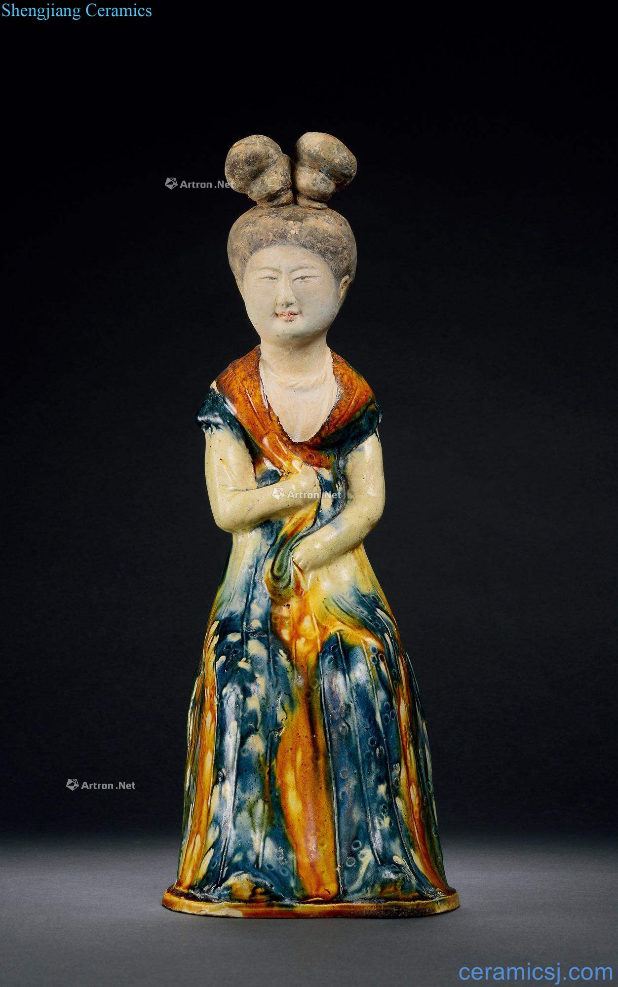The tang dynasty Three-color printing hang blue glaze ladies sitting drum figurines
