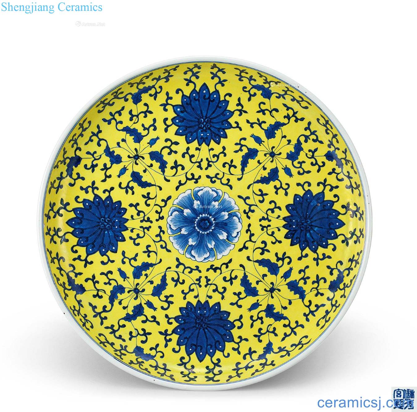 Qing guangxu Yellow blue and white tie up branches sweet lotus tray