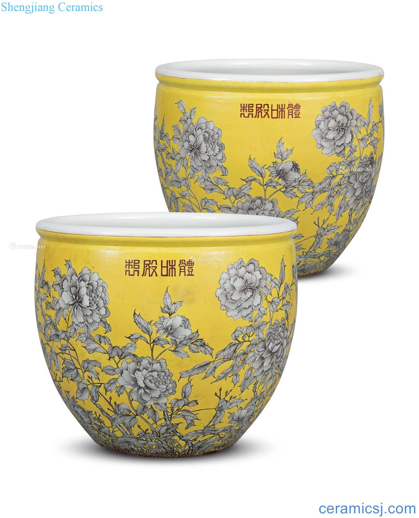 Qing guangxu Yellow in color ink and the riches and honor peony lines cylinder (a)
