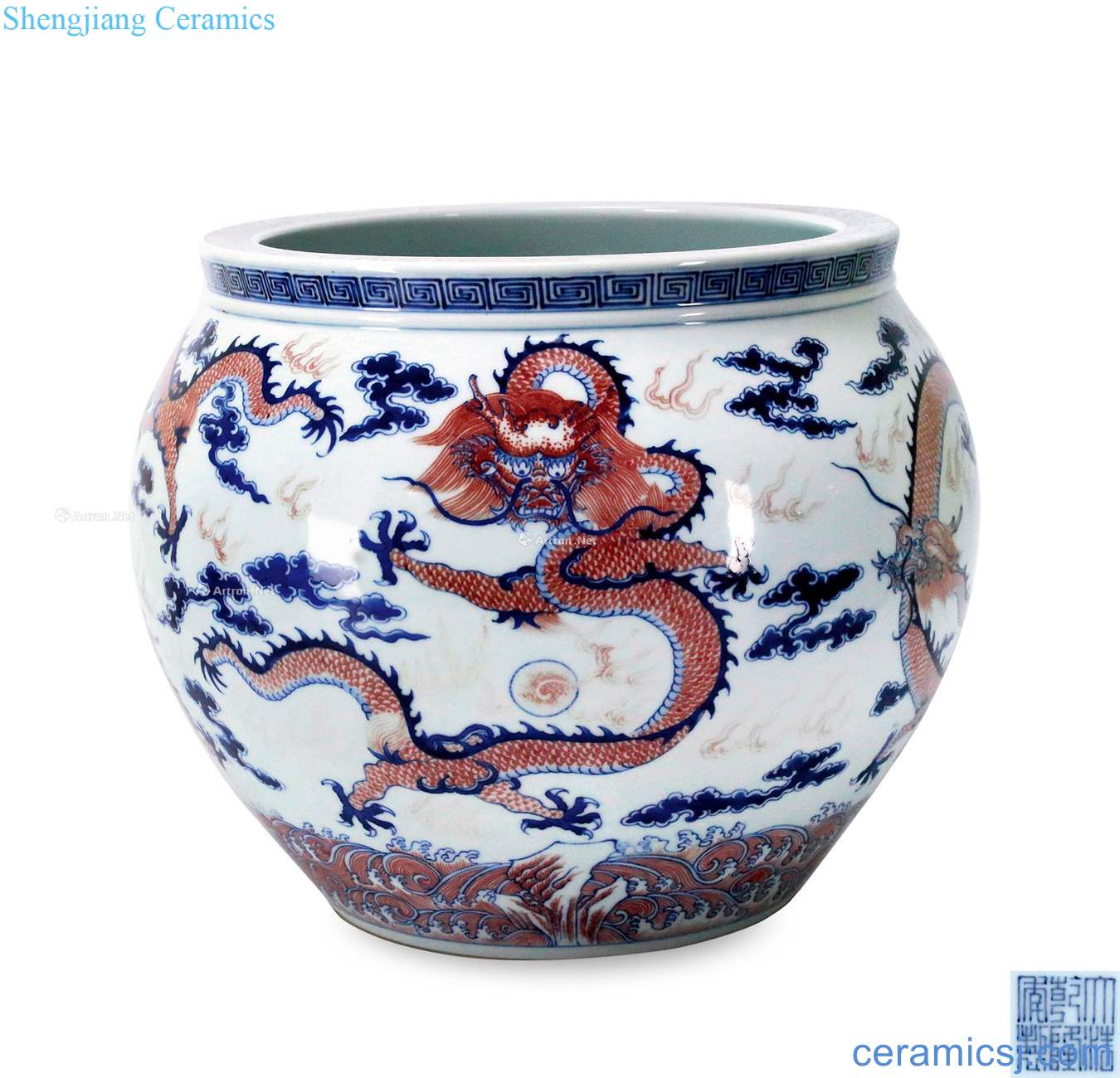 Qing qianlong Blue and white youligong red dragon grain cylinder