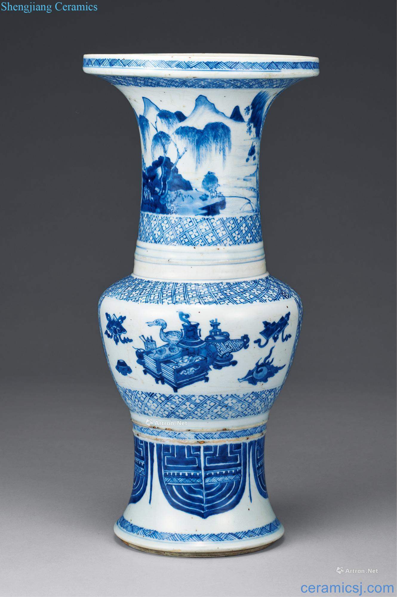 The qing emperor kangxi in blue and white brocade medallion dish buccal bottle antique design
