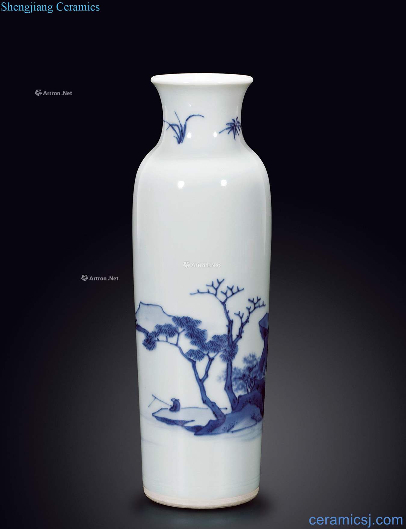 Qing dynasty Blue and white landscape lines cylinder bottles