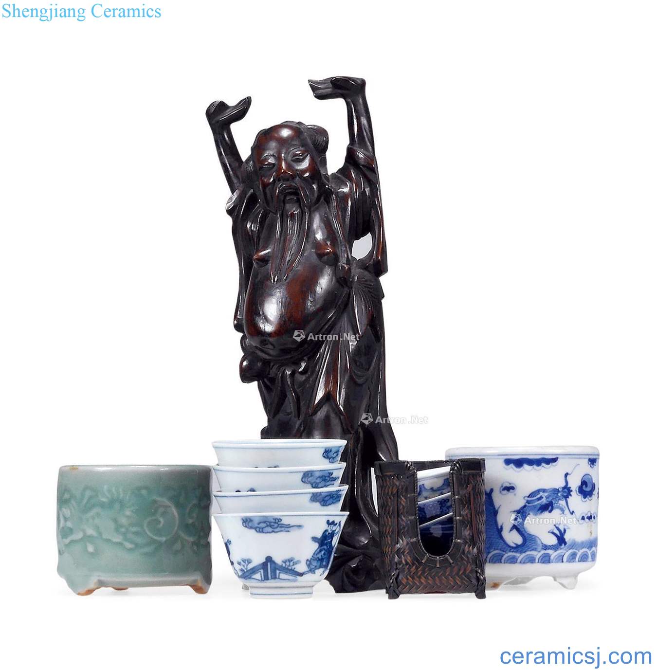 Carved figures, two blue and white cup seven, incense burner