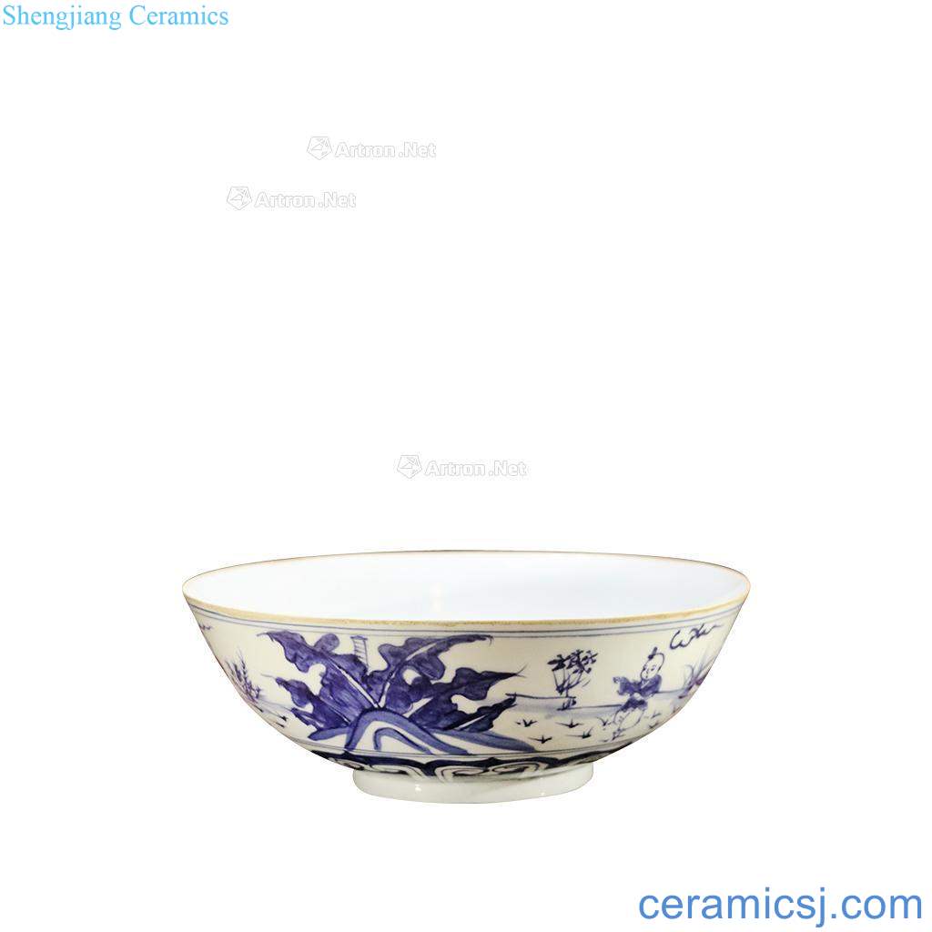 Blue and white jiao leaf YingXiWen large bowl