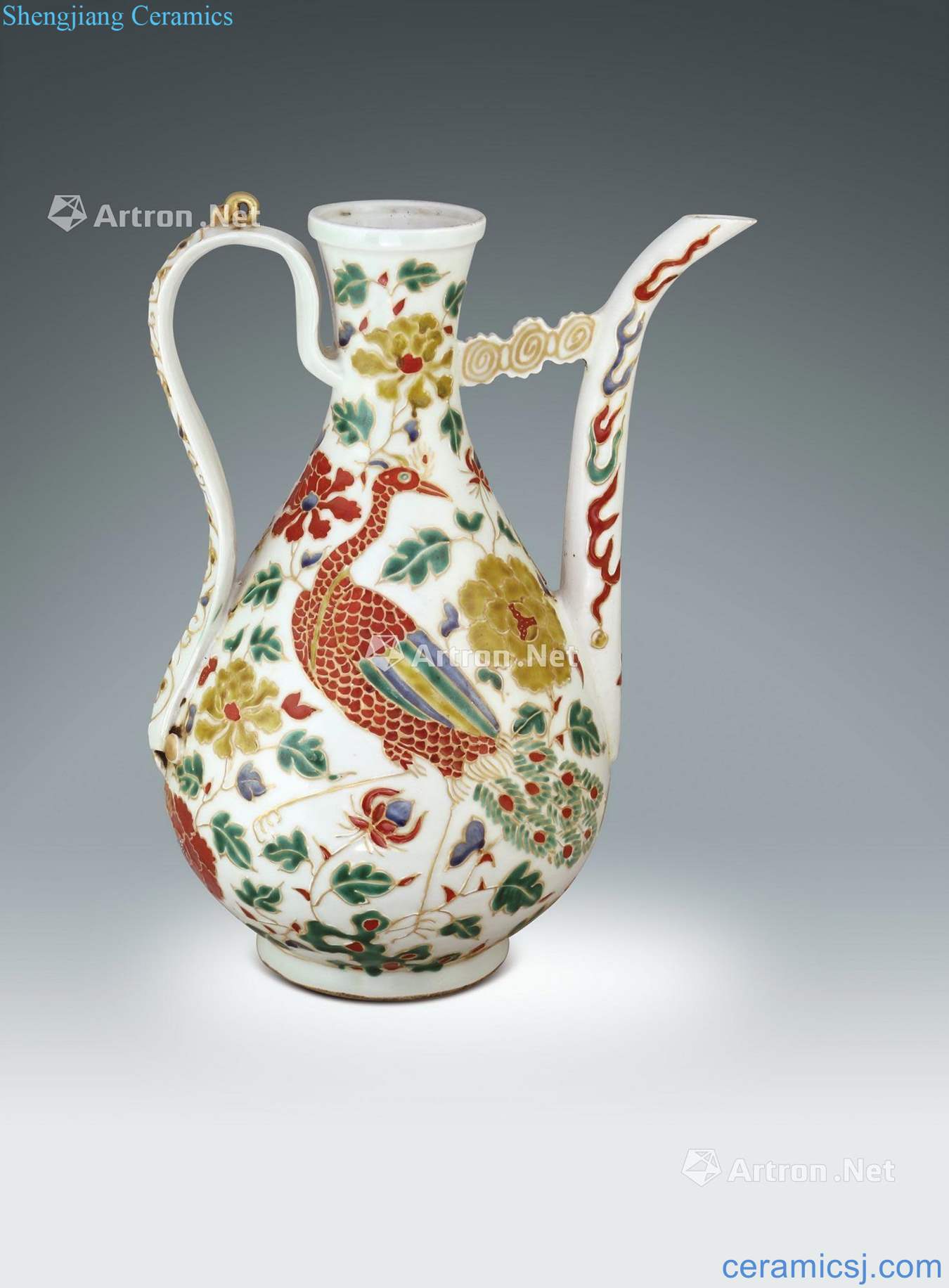 Ming dynasty carved porcelain ewer red green peacock pattern