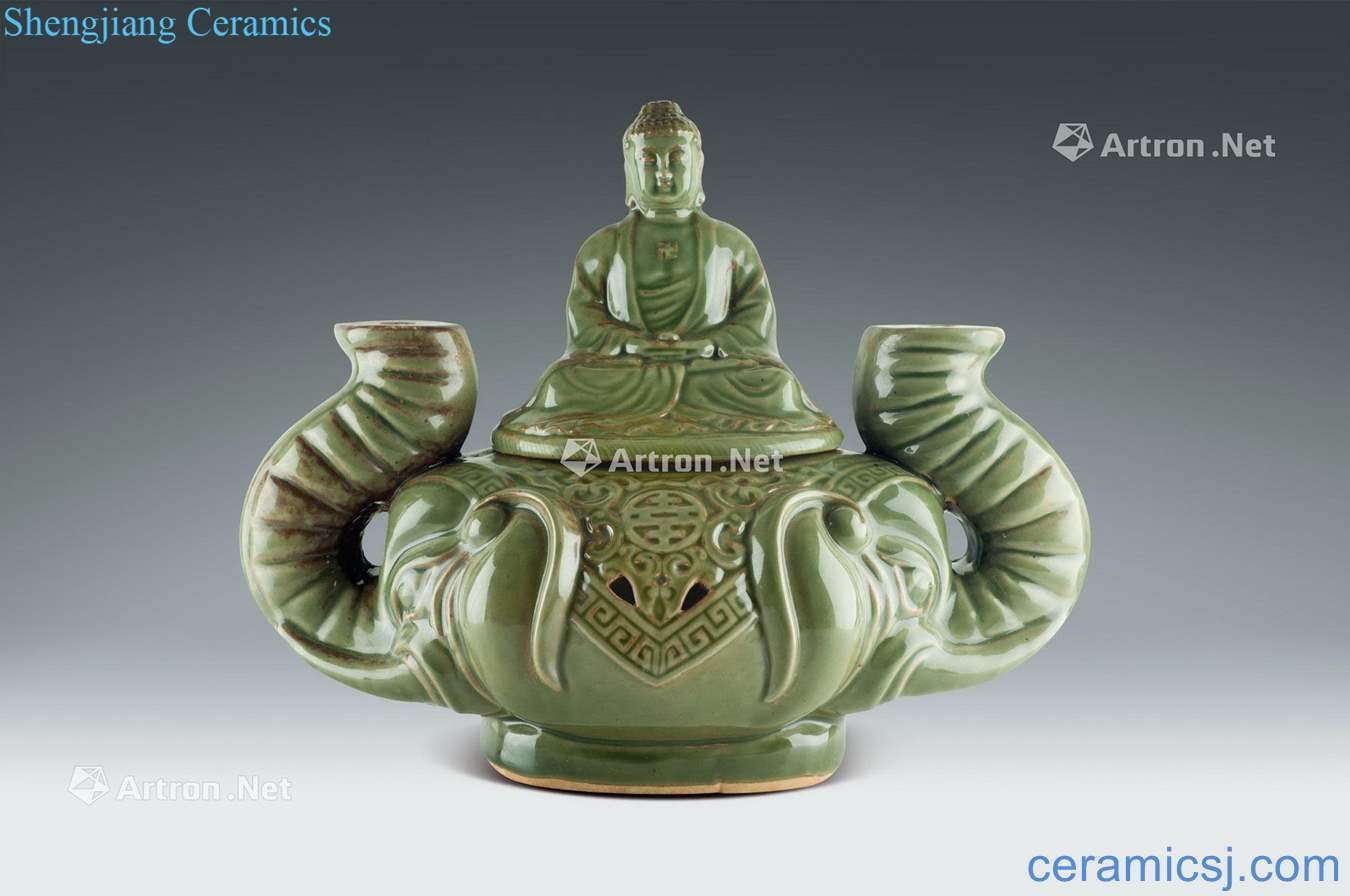 Ming Longquan celadon double elephant Buddha smoked furnace