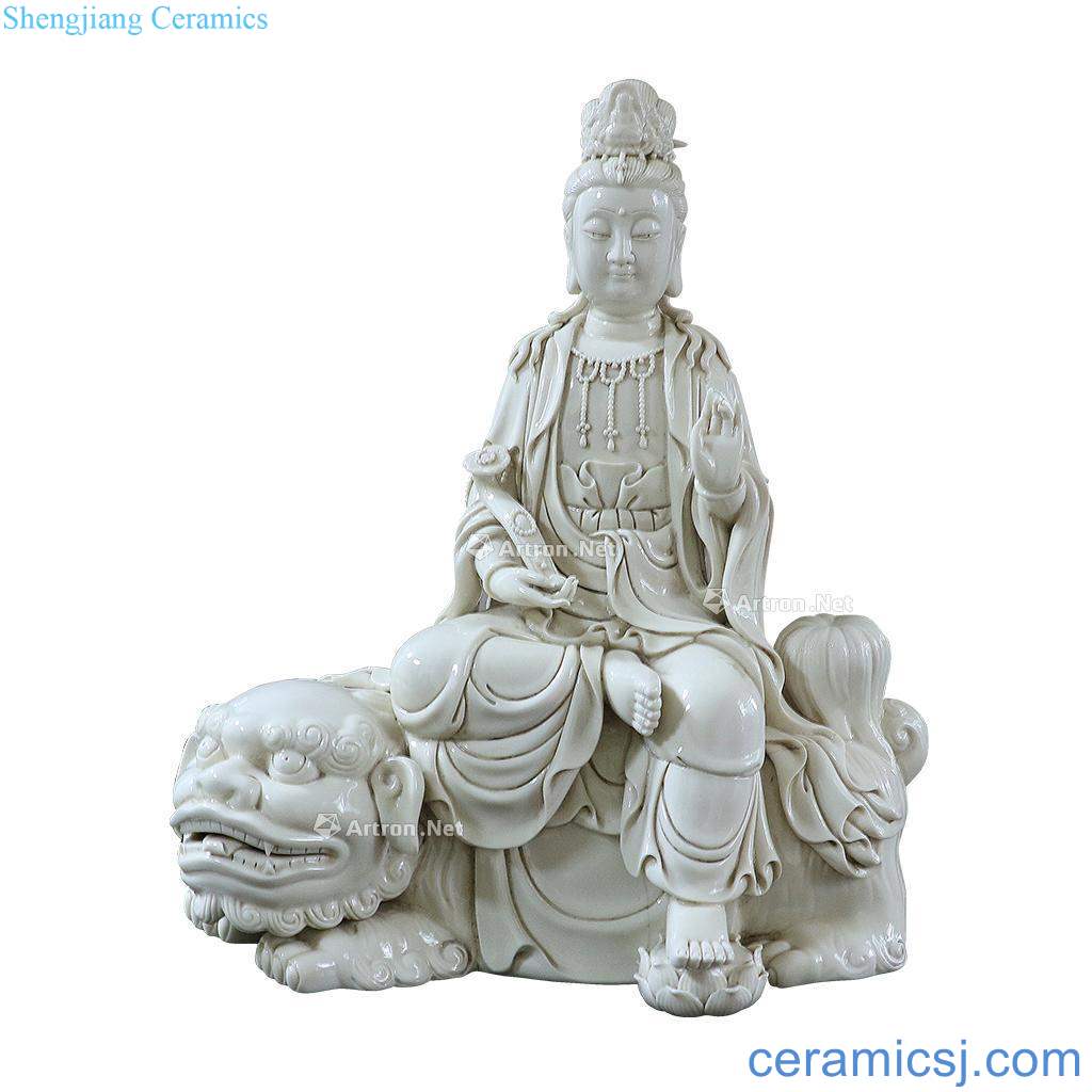 Ming dehua kiln sitting lion like ivory white porcelain plastic manjusri bodhisattva