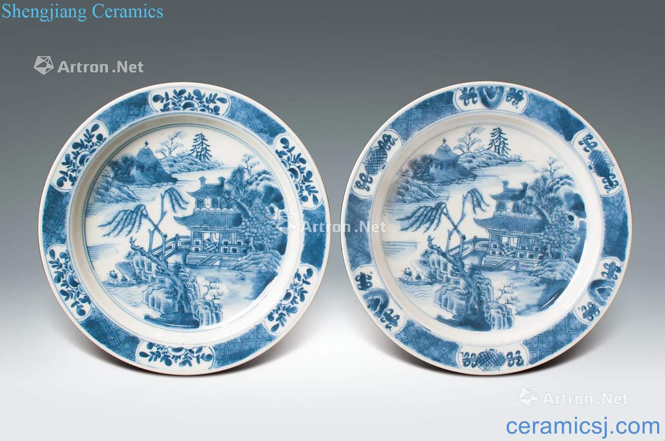 Qing qianlong Blue and white landscape character lines A pair of