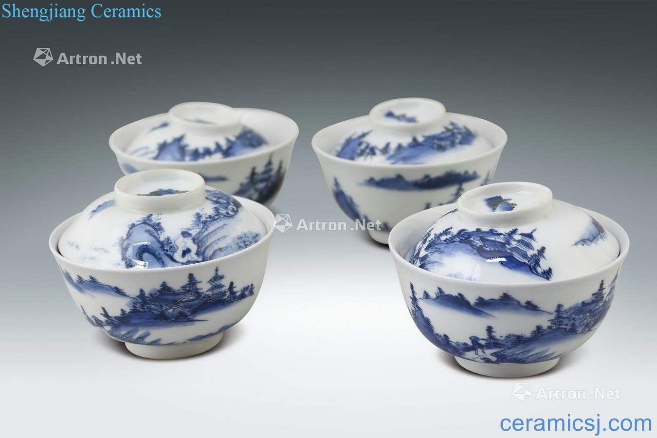 qing Blue and white landscape pattern tureen A set of four pieces