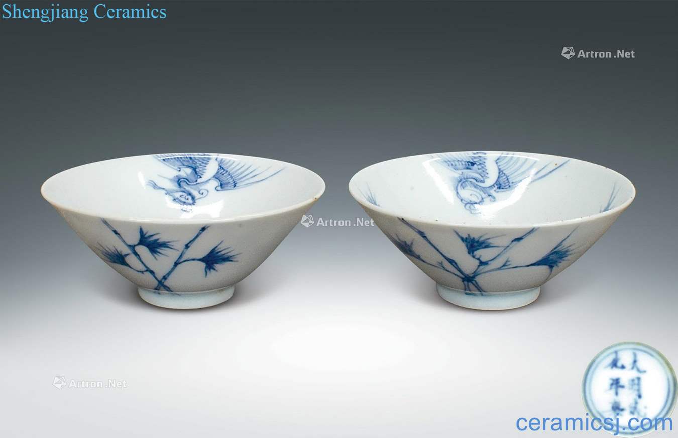 Ming Blue and white wall chicken bamboo grain hat to bowl A pair of
