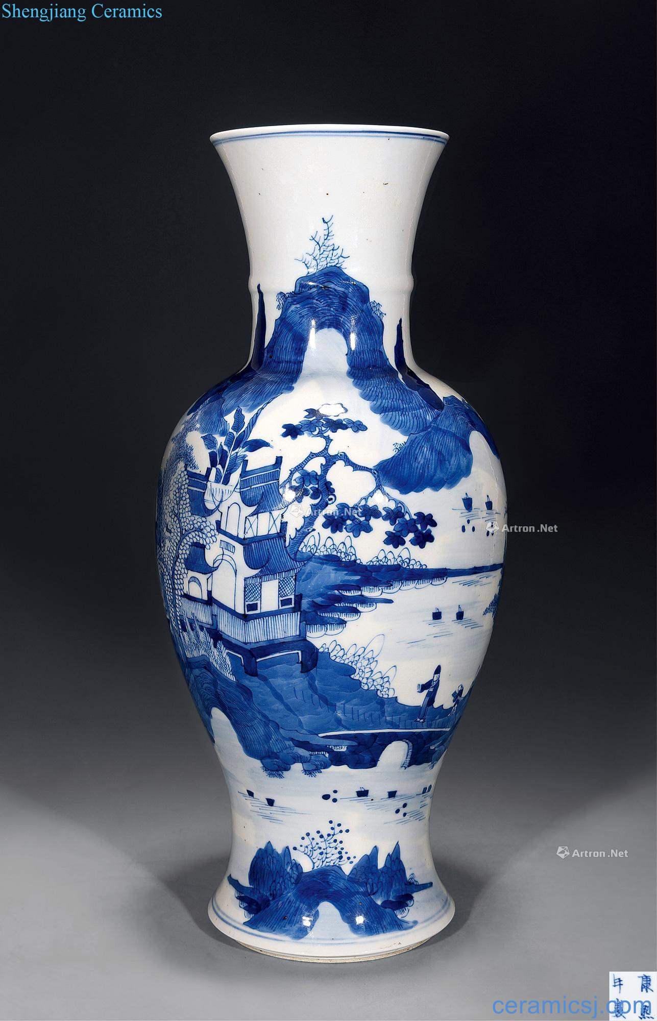 qing Blue and white landscape character lines goddess of mercy bottle