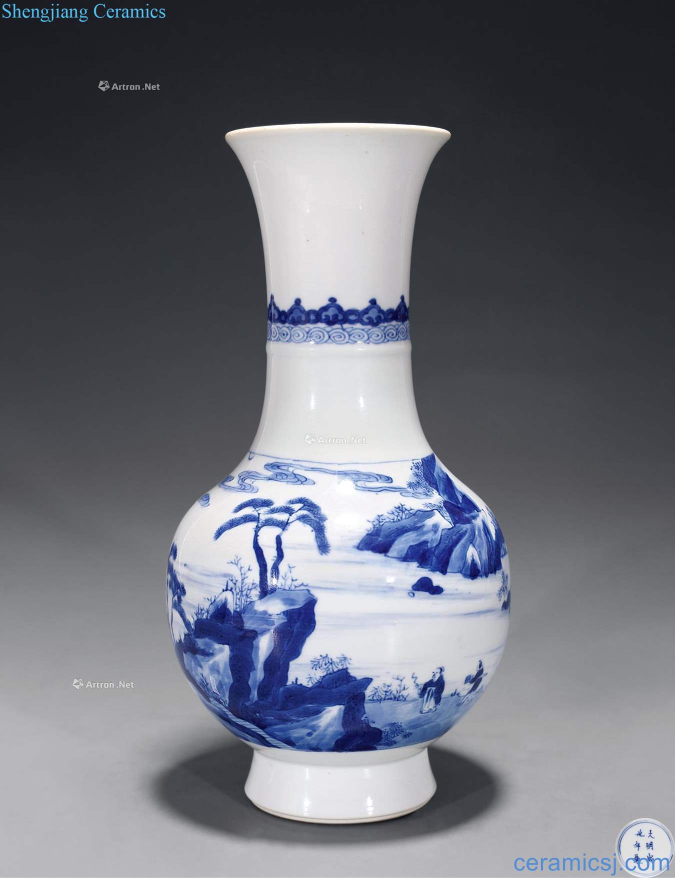The qing emperor kangxi Blue and white medallion landscape bowstring grain bottle