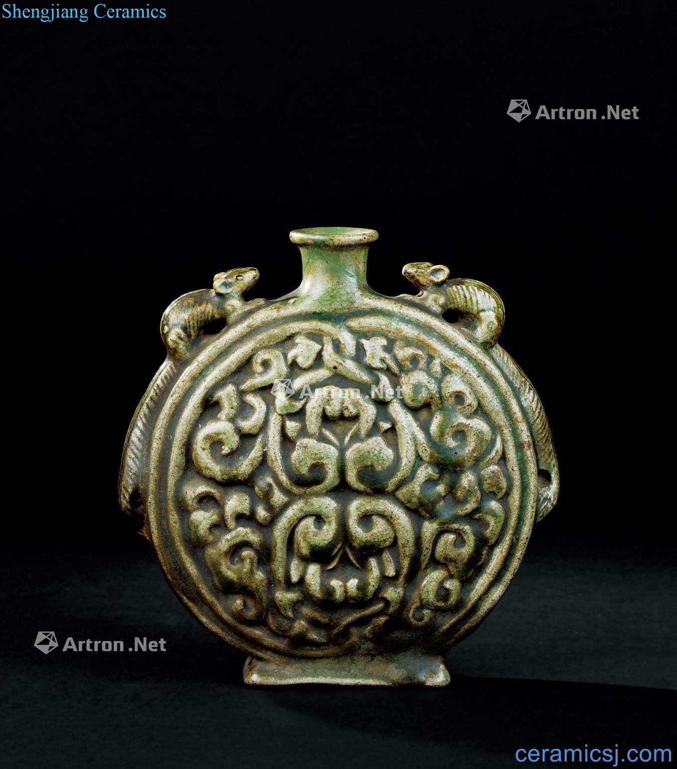The yuan dynasty (1279-1368), celadon chipmunk ears flat pot
