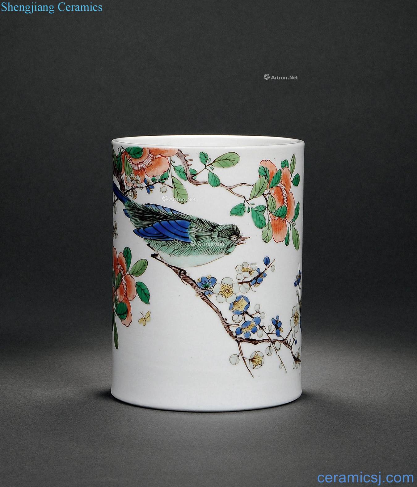 The qing emperor kangxi colorful magpie on mei figure pen container