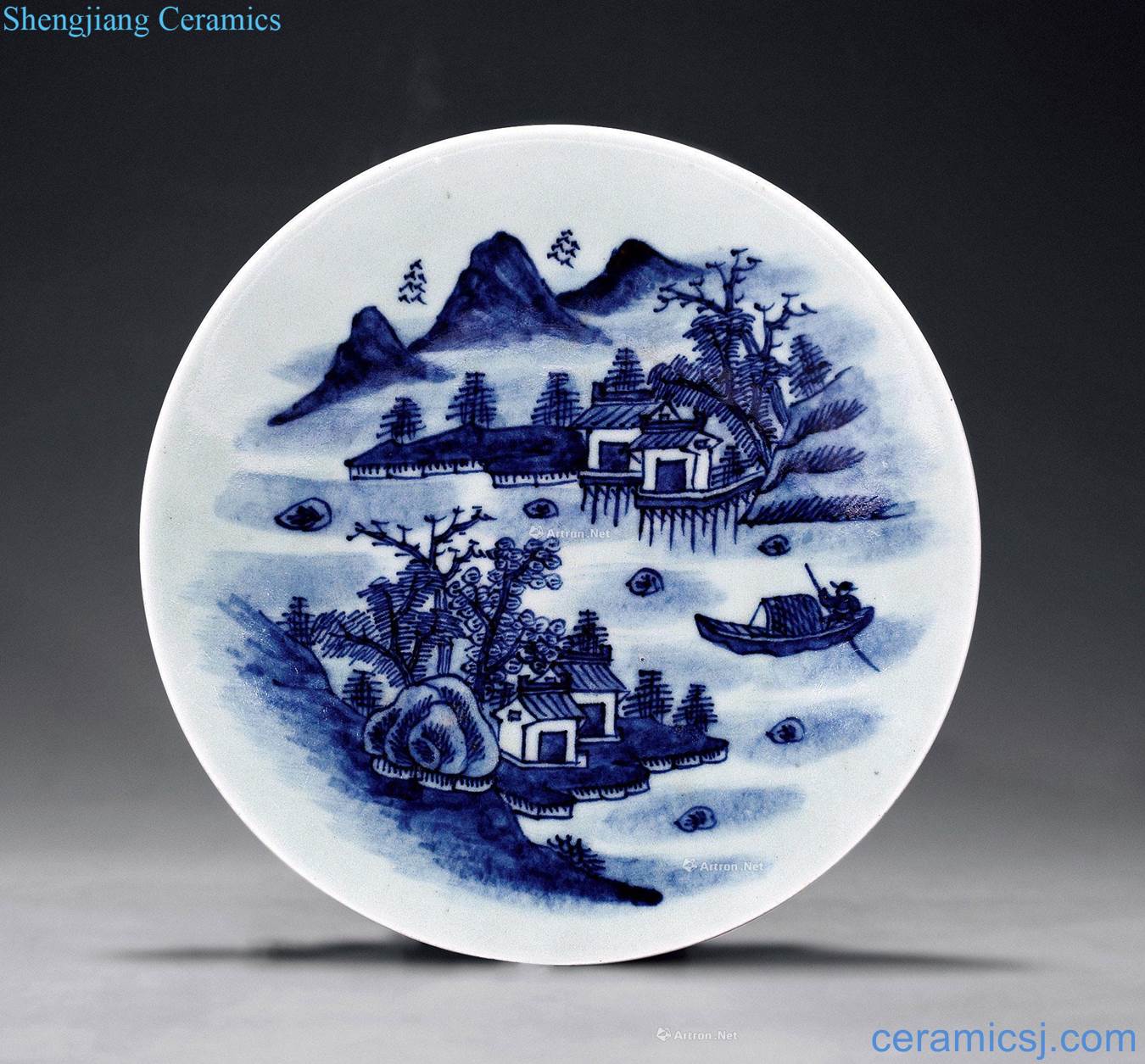 The blue and white landscape tray pea green glaze