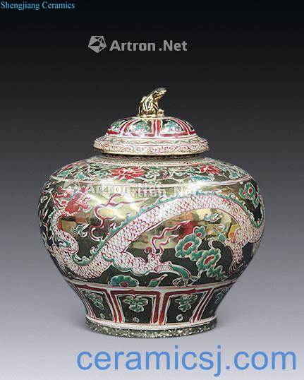 Yuan dynasty red and green color paint dragon big cans